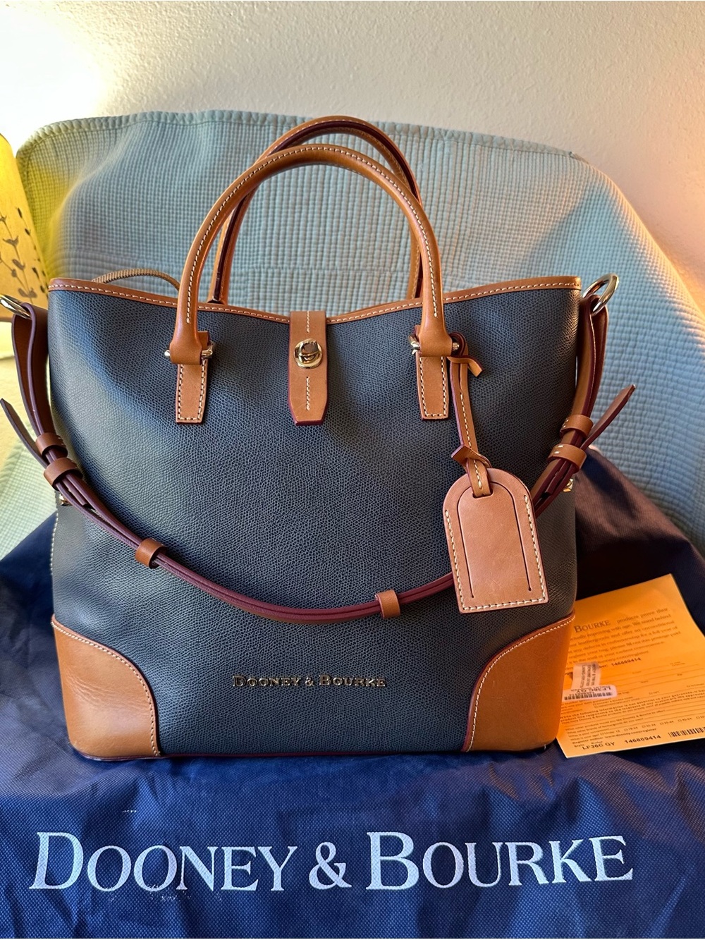 Dooney & Bourke Shelby Tote. Grey Pebbled Leather with Tan Leather Trim